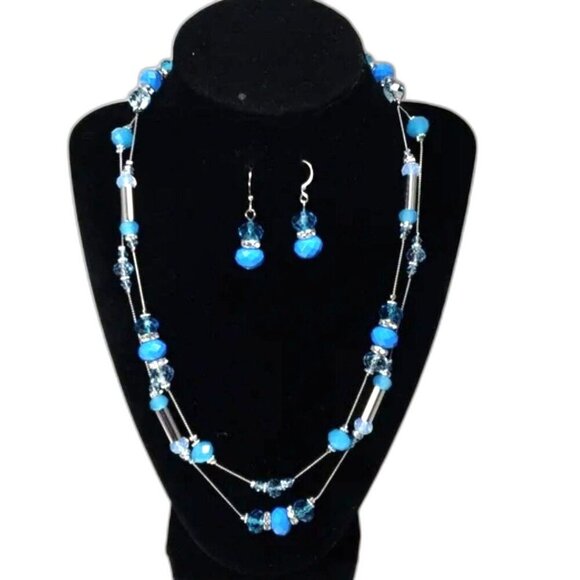 💙 Elegant Blue Beaded Necklace & Earrings Set – Silver-Tone Accents – Jewelry - Picture 1 of 8